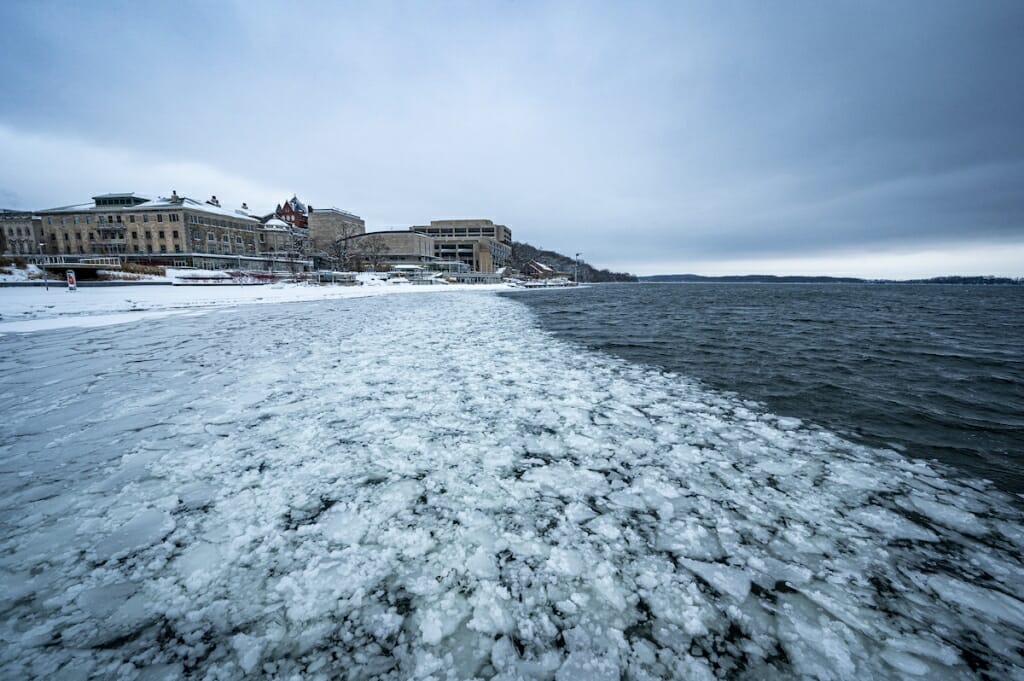 Ice forming along edge of lake