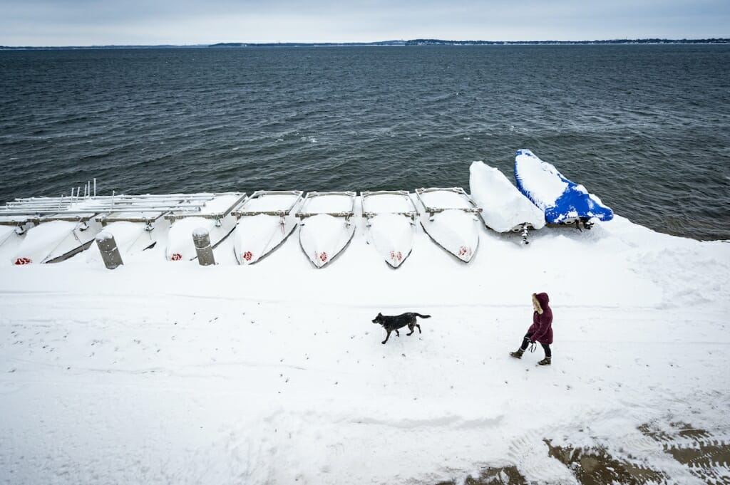 Person walking a dog past boats covered with snow