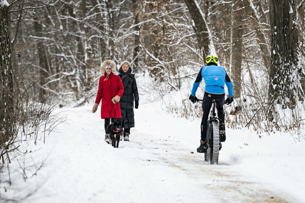 A bike with fat tires about to pass 2 pedestrians walking among bare trees on snow-covered trail