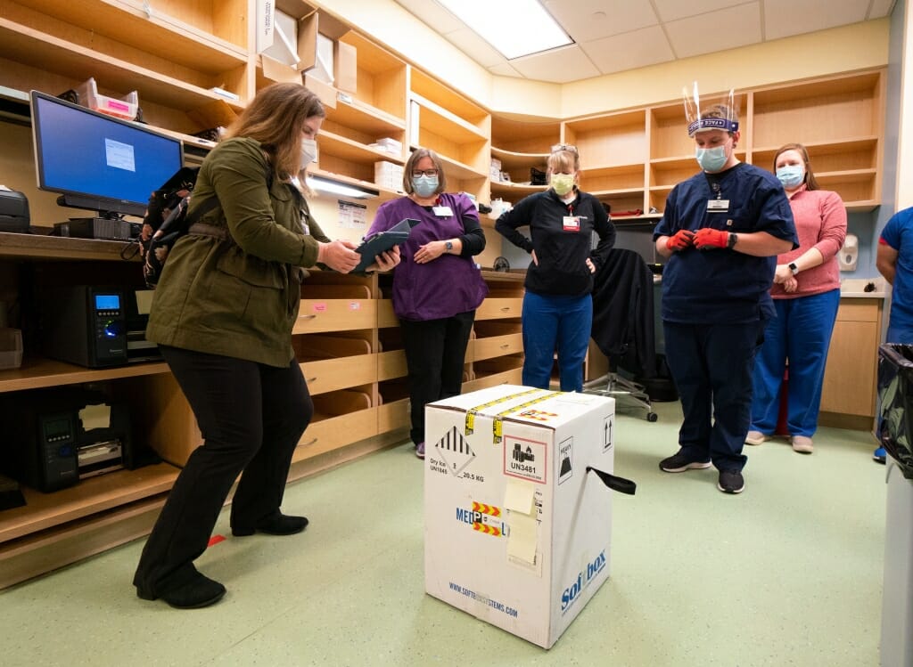 Elise Balzer from the Centers for Disease Control and Prevention documents that the box containing the vaccines arrived intact.