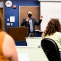 Neil Mills, assistant professor of theatre and drama, teaches a class in Vilas Hall at the University of Wisconsin-Madison during the first day of classes on Sept. 2, 2020. Adhering to Smart Restart safety protocols that includes wearing of masks and physical distancing, the UW-Madison campus is reopening for the Fall 2020 semester during the global coronavirus (COVID-19) global pandemic. (Photo by Jeff Miller / UW-Madison)