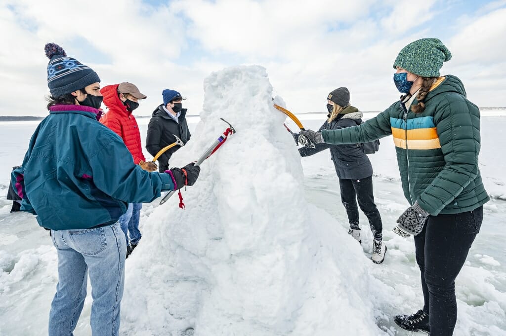 Participants get a feel for using an ice axe.