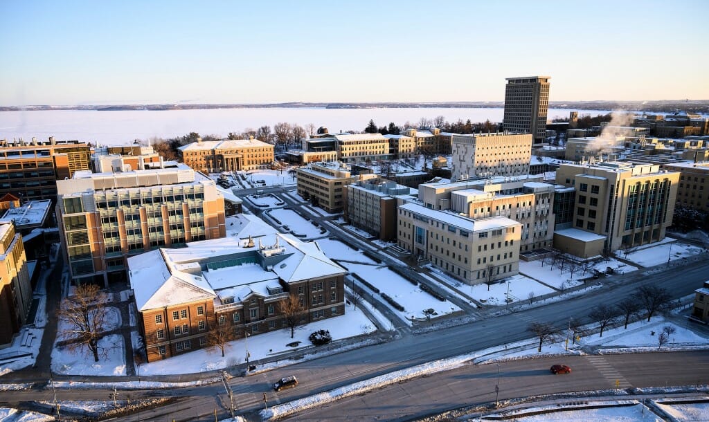 A view of Henry Mall, looking northeast from the roof of the Engineering Research Building toward frozen and snow-covered Lake Mendota. 