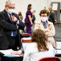 UW System interim President Tommy Thompson, left, and UW-Madison Chancellor Rebecca Blank, right, talk with staff.