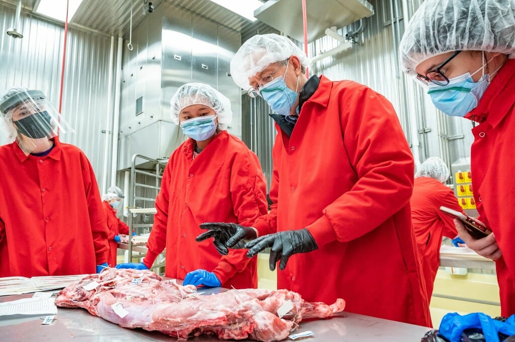 Right of center, Jim Claus, professor of animal and dairy science, describes specific muscles of a pig specimen to students Emily Tomesek, far left, Tehya Crego, left of center, and Elaude Koenig, far right, as the group participates in Animal Sciences 305: Introduction to Meat Science and Technology, an in-person class and lab held in the Meat Sciences Building on March 11.