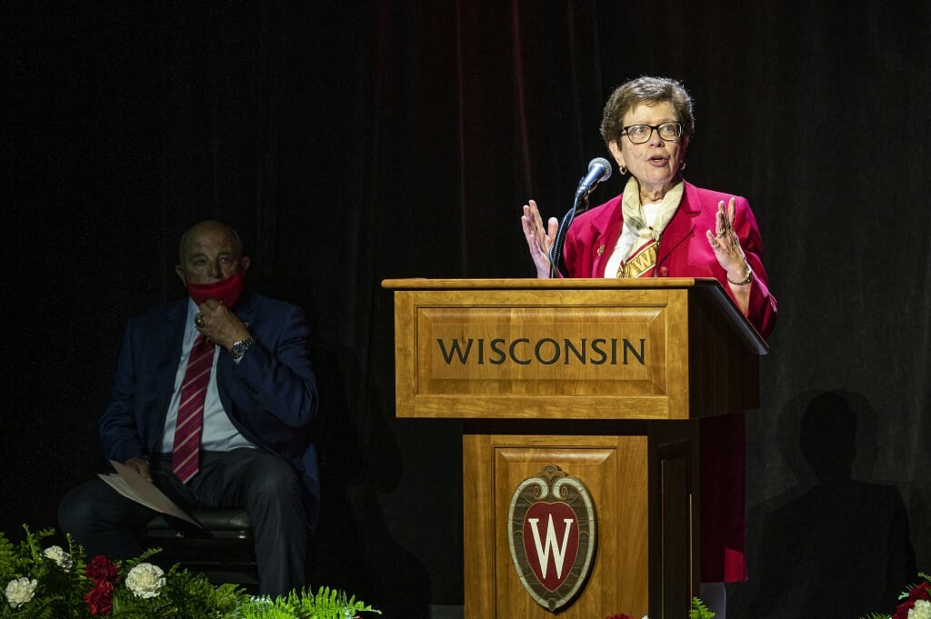 UW Chancellor Rebecca Blank praises Alvarez during his retirement press conference.