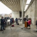 Blank speaks to the media about the need to fund capital building projects on the UW campus following a tour of the Humanities Building.