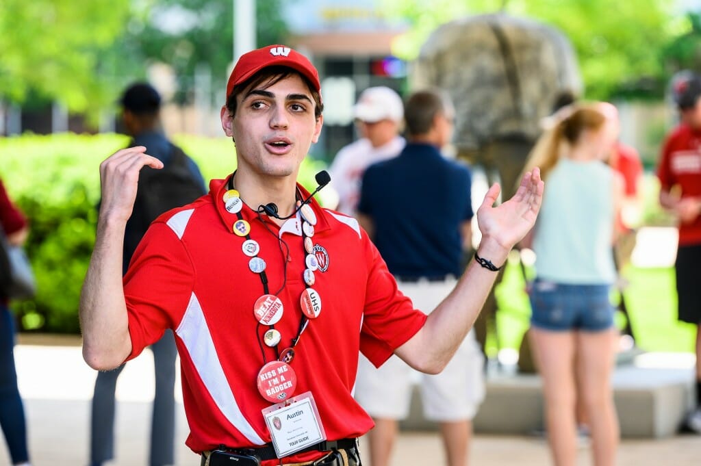 Closeup of guide gesturing