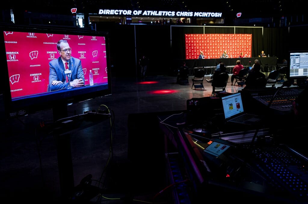 McIntosh speaks at the Kohl Center.