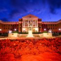 Hanging between the Bascom Hall’s building columns is a graphic banner of UW-Madison mascot Bucky Badger.