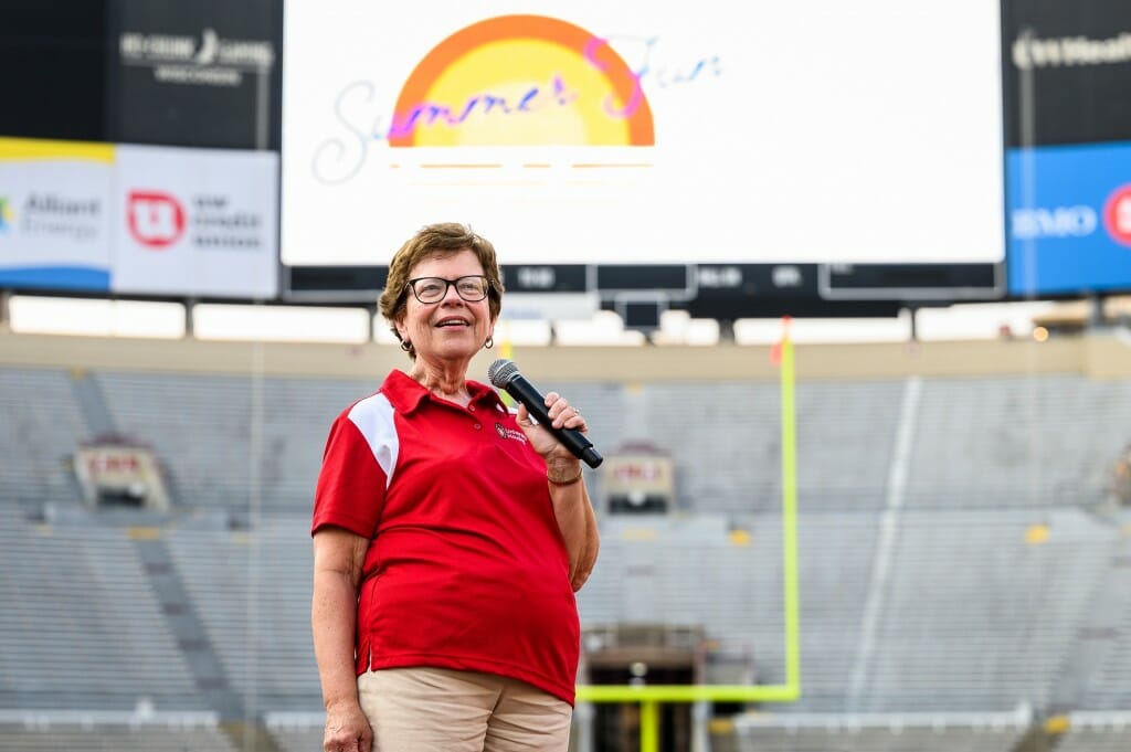 Chancellor Rebecca Blank thanks faculty, staff, and graduate student employees before the movie.