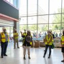 Missy Nergard, director of the UW Office of Sustainability, shows a sample of a plastic spacer ball that was used to reduce the amount of concrete used in the construction of the Chemistry Building addition.