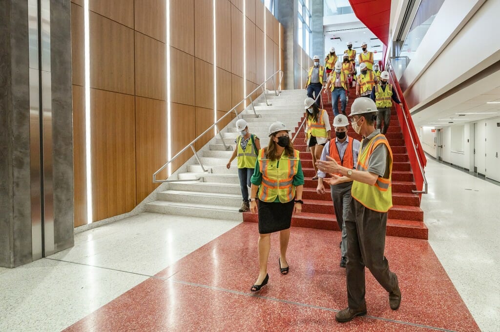 UW chemistry professor Robert McMahon points out features of the new Chemistry Building addition during the tour by DOA Secretary Joel Brennan, DSPS Secretary Dawn Crim and DFI Secretary Kathy Blumenfeld.