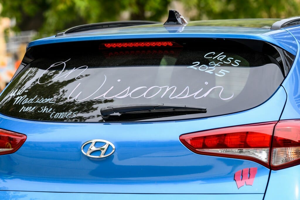 A decorated car celebrates a first-year student’s arrival on campus.