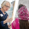 Dean Kate VandenBosch chats with visiting scientist Aneela Nijabat about wheat research during CALS Global Spring Symposium at the DeLuca Biochemical Sciences Building.