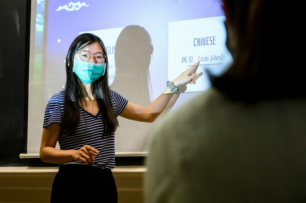 Tianlu Zhang, an assistant faculty associate in the College of Letters & Science, teaches a Chinese language class in Sterling Hall.