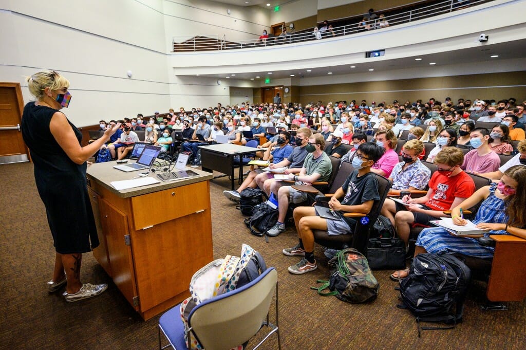 Students use their laptop computers to take notes during a mathematics class taught by Professor Autumn Kent in the DeLuca Biochemistry Building.