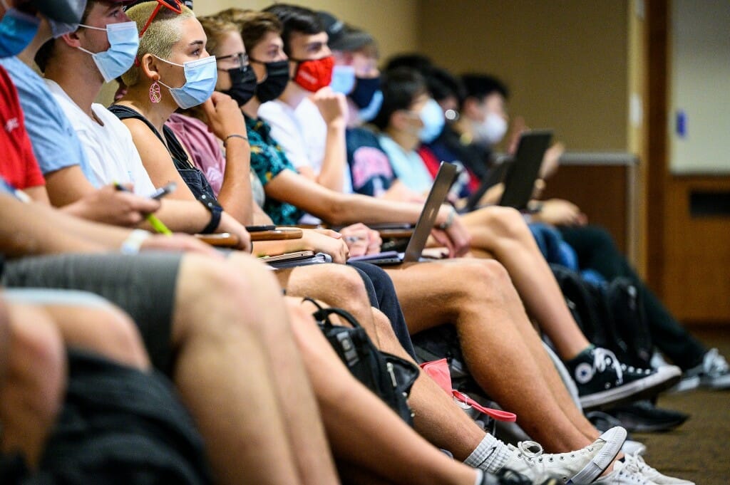 Students use their laptop computers to take notes during a mathematics class taught by Professor Autumn Kent in the DeLuca Biochemistry Building.