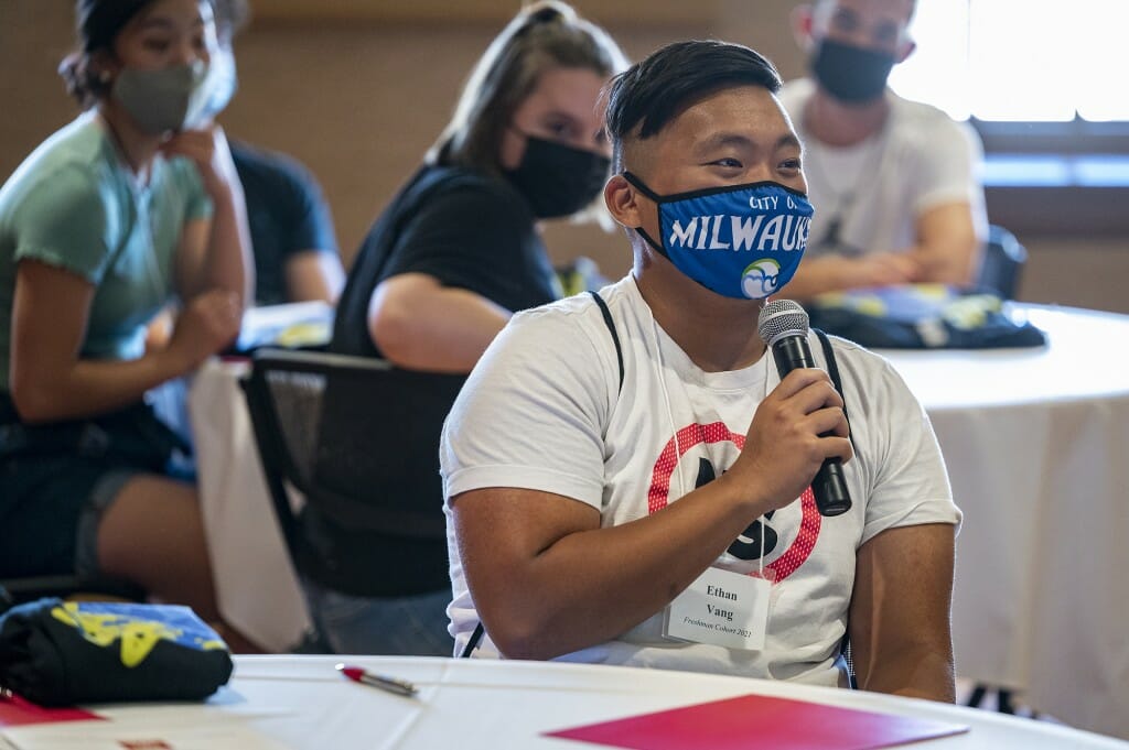 A student speaks as part of the community building exercise.