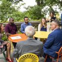 Cardona, along with Wisconsin governor Tony Evers and UW Chancellor Rebecca Blank, meets with students from the School of Education Special Education Program. School of Education Dean Diana Hess is at left.