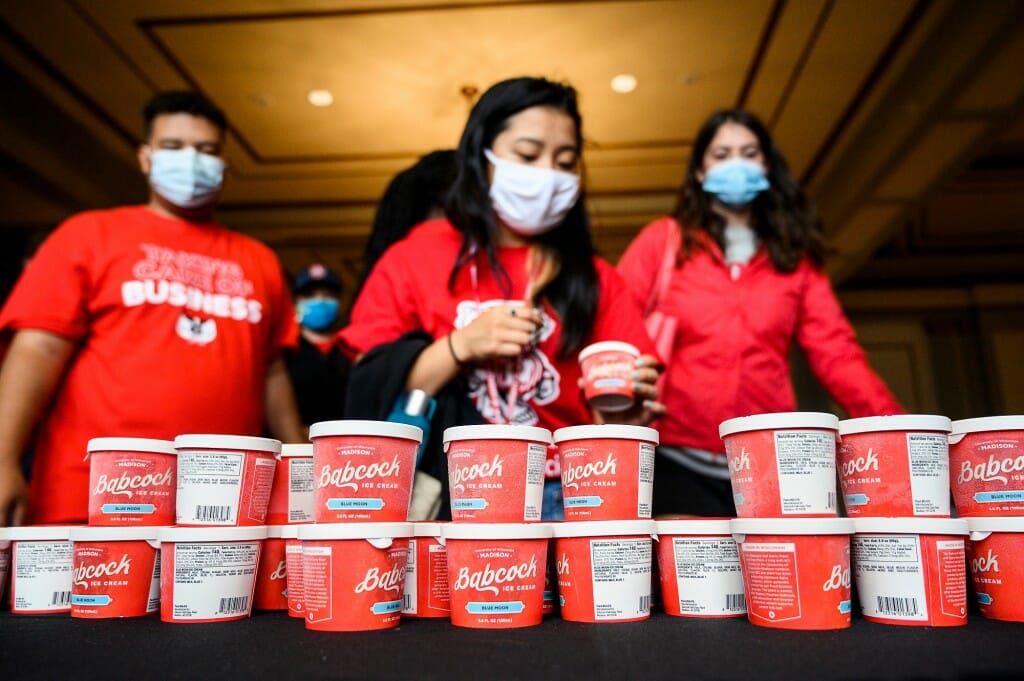 First-year students select cups of Babcock ice cream during a New Student Ice Cream Welcome event on Sept. 3. The event, part of a weeks-long series of Wisconsin Welcome programming, was sponsored by the Wisconsin Alumni Association.