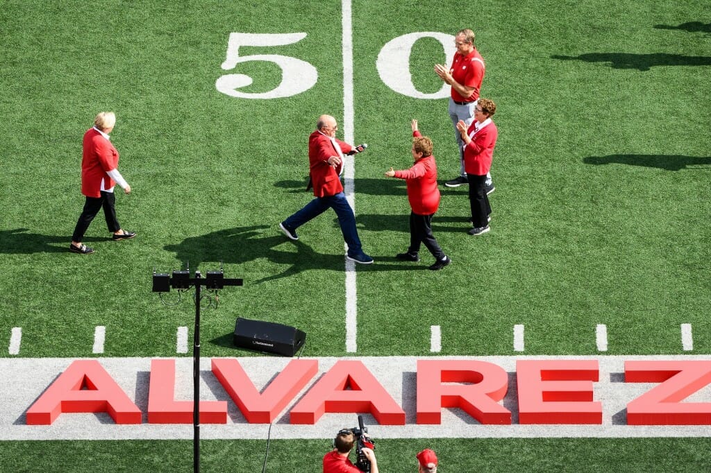 Alvarez embraces former UW-Madison Chancellor Donna Shalala following the ceremony.