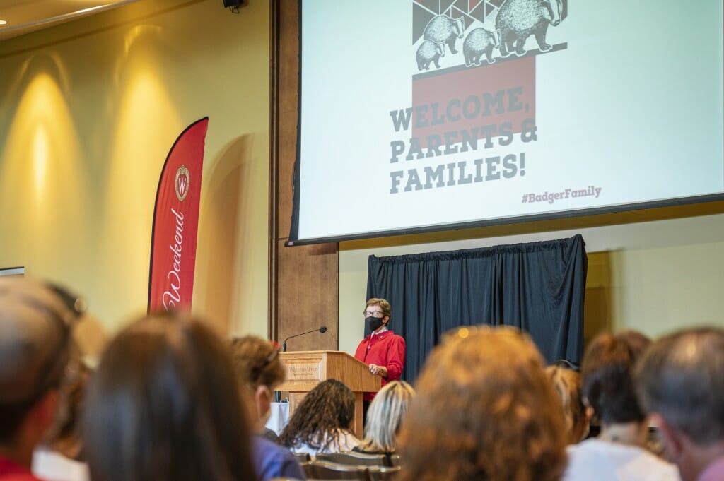 UW Chancellor Rebecca Blank speaks to those attending Family Weekend at Varsity Hall in Union South.