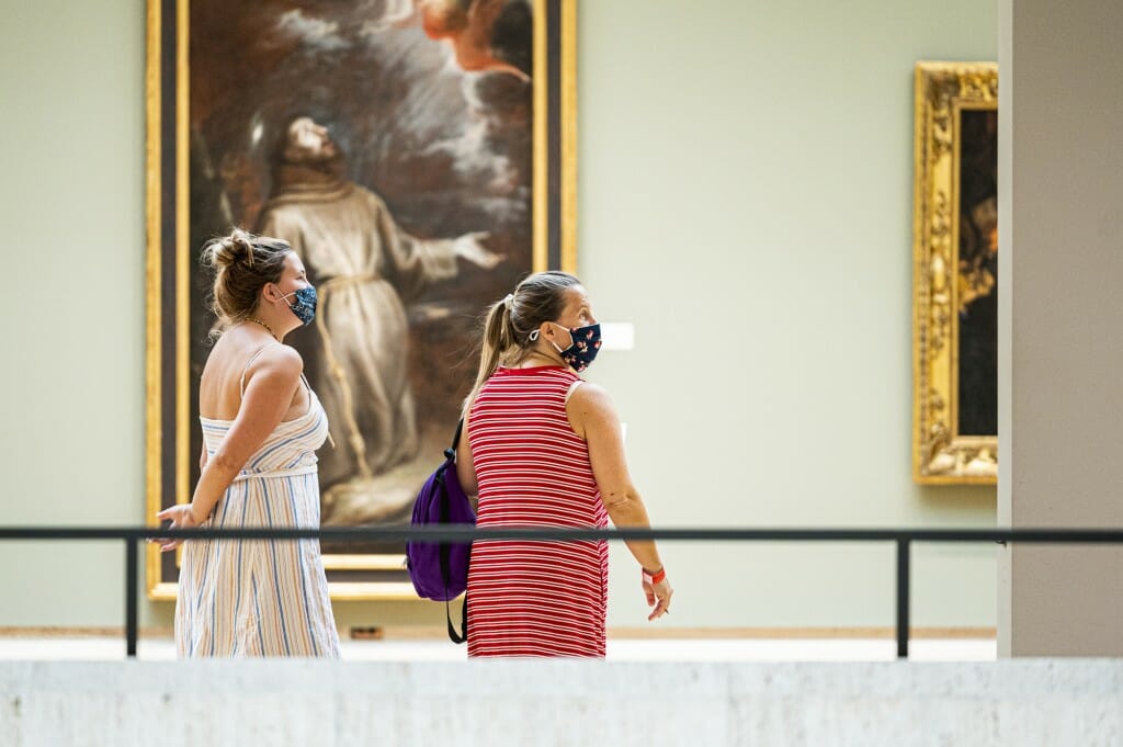 Student Elinor Picek and her mother Cherri Hill take part in a scavenger hunt at the Chazen Museum of Art.