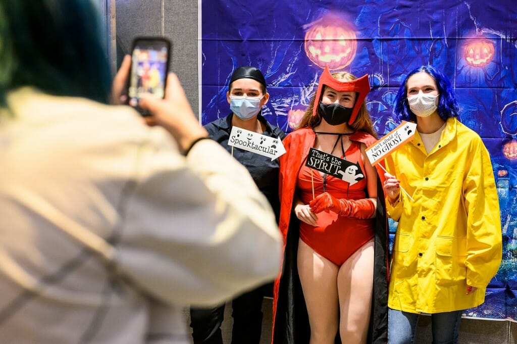 From left to right dressed in costume, Annie Purisch, Maddie Patton and Brooke Sehmer pose for a photo.