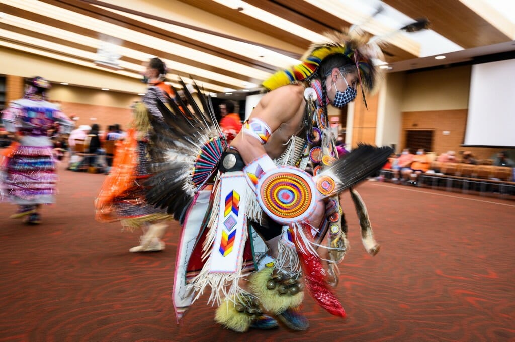 The powwow was held in celebration of Indigenous Peoples Day. Pictured is dancer Josh Zunker of Ho-Chunk Nation.