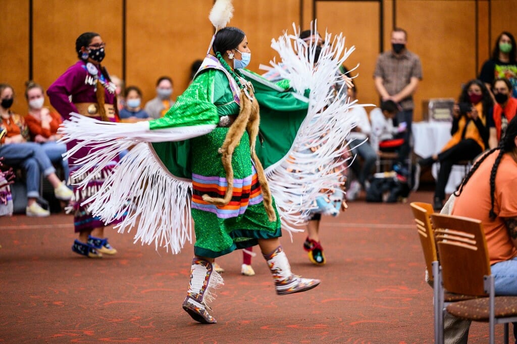 Leila Cleveland of Ho-Chunk Nation dances during the powwow.