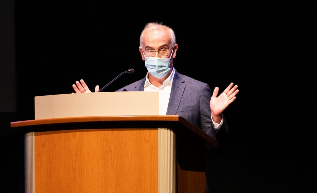 Brooks speaks to a sold-out crowd in Shannon Hall in the Memorial Union.