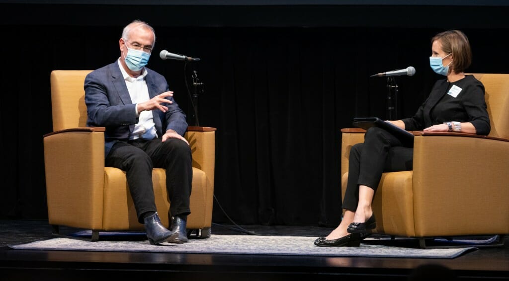 La Follette School Director and Professor Susan Webb Yackee interviews Brooks on stage at Shannon Hall.