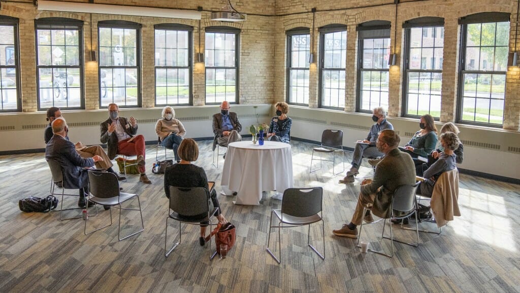 New York Times columnist David Brooks meets with a group of journalists and community leaders.