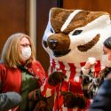 Bucky Badger was a lively presence at the tailgate.