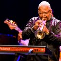 Oscar-nominated, Grammy-winning trumpeter and composer Terence Blanchard, along with renowned jazz musicians from the E-Collective and Turtle Island String Quartet, play tribute to living jazz legend Wayne Shorter during ABSENCE, a collaborative concert performed in Shannon Hall in the Wisconsin Union Theater on Nov. 5. Blanchard had a performance waiver exempting him from face mask requirement indoors.