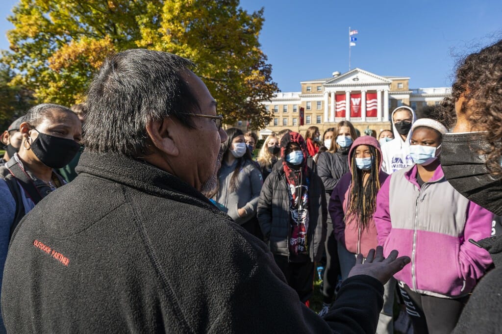 Clayton Winneshiek speaking to children