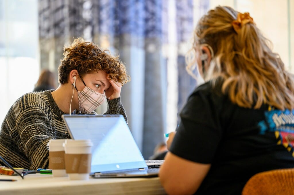 Quinnlan Jones (left) and Julia Schultz (right) work on laptops.