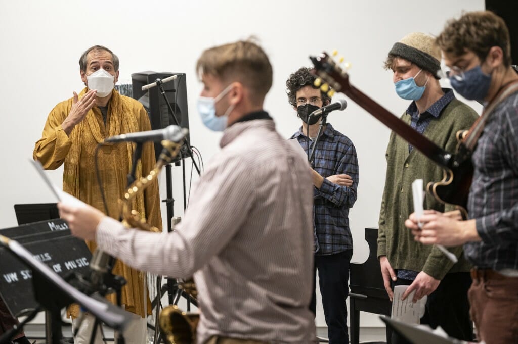 Luthra, at left, performs with members of the UW Contemporary Jazz Ensemble.