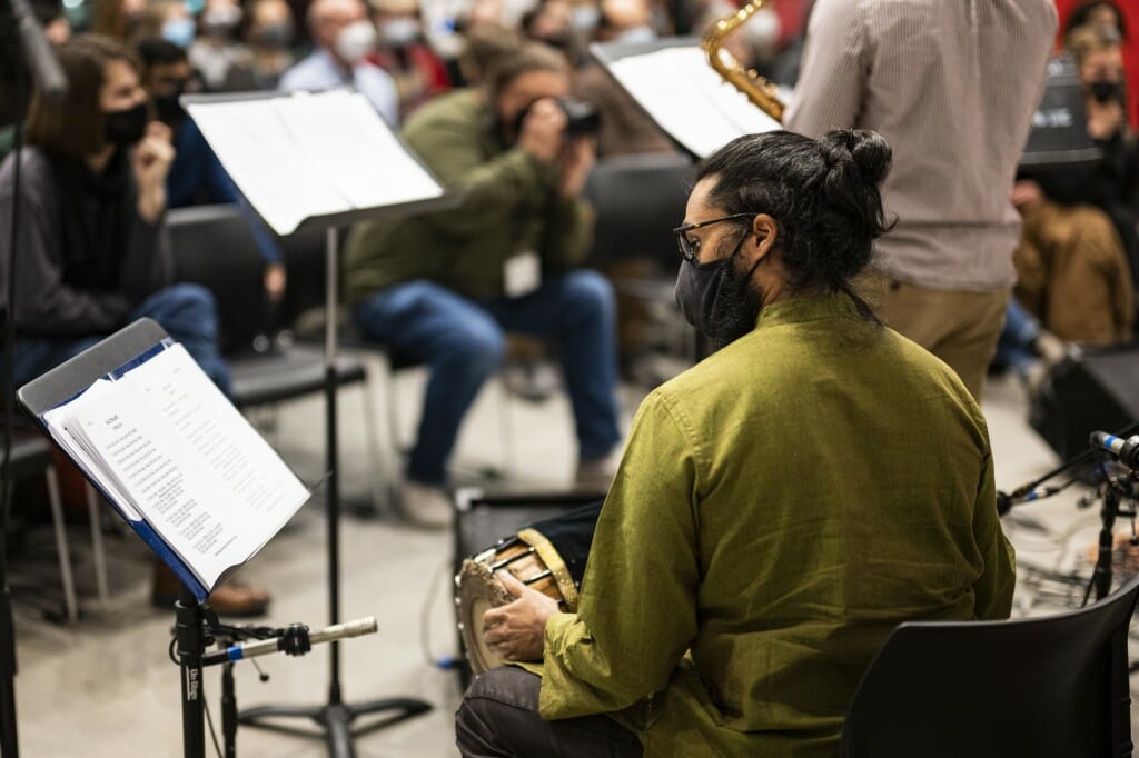 Visiting artist Rohan Krishnamurthy performs with a mridangam.