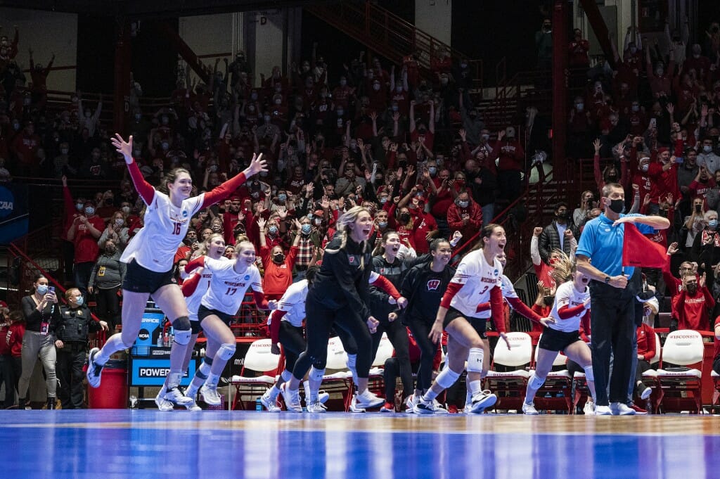 Players and fans celebrating on the court