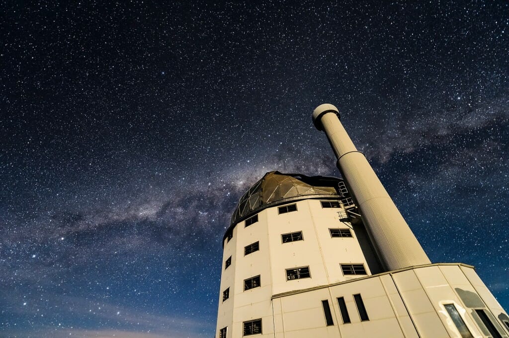 Exterior of SALT at night.