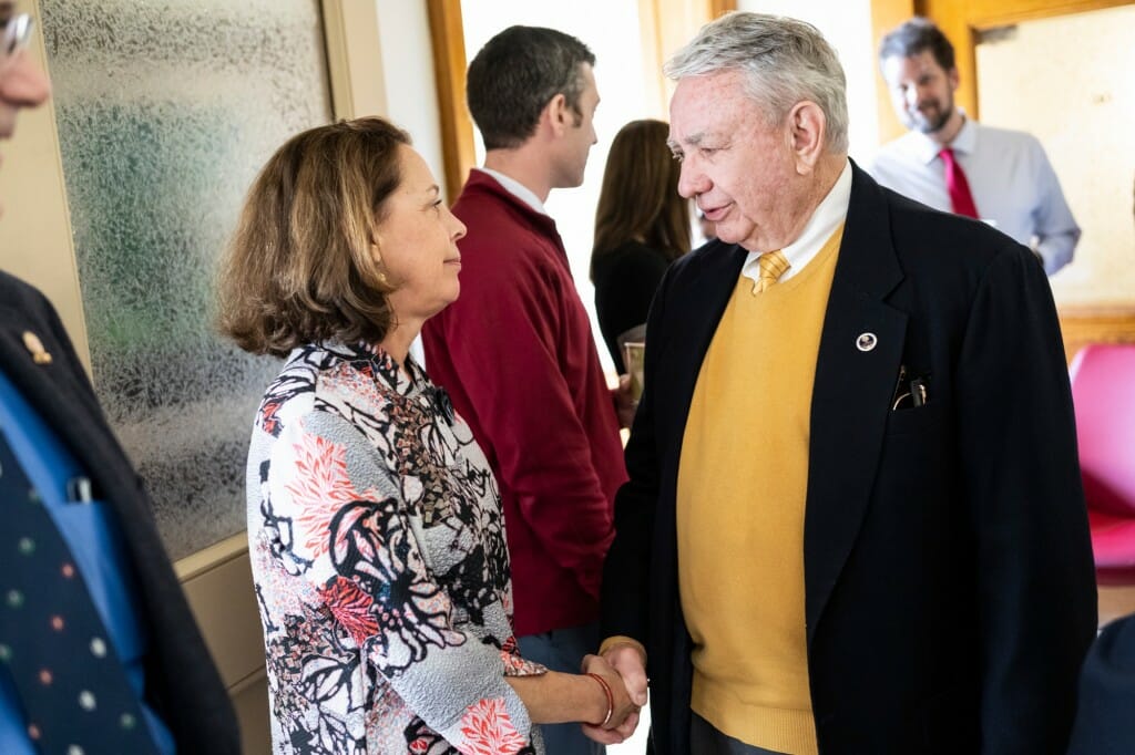 UW–Madison School of Education Dean Diana Hess talks with Thompson.