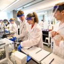 Several people lined up working at a lab bench