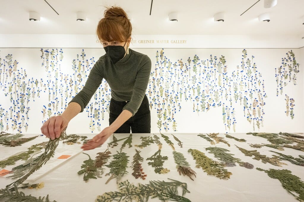 Artist arranging embroidered plants on a large table