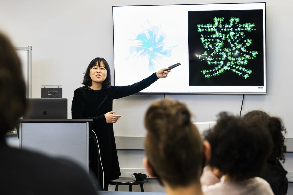 Assistant Professor of Graphic Design Yeohyun Ahn leads students and community members through “Computational Graphic Design: Beautiful Bézier,” a graphic design demonstration held in the Mosse Humanities Building.