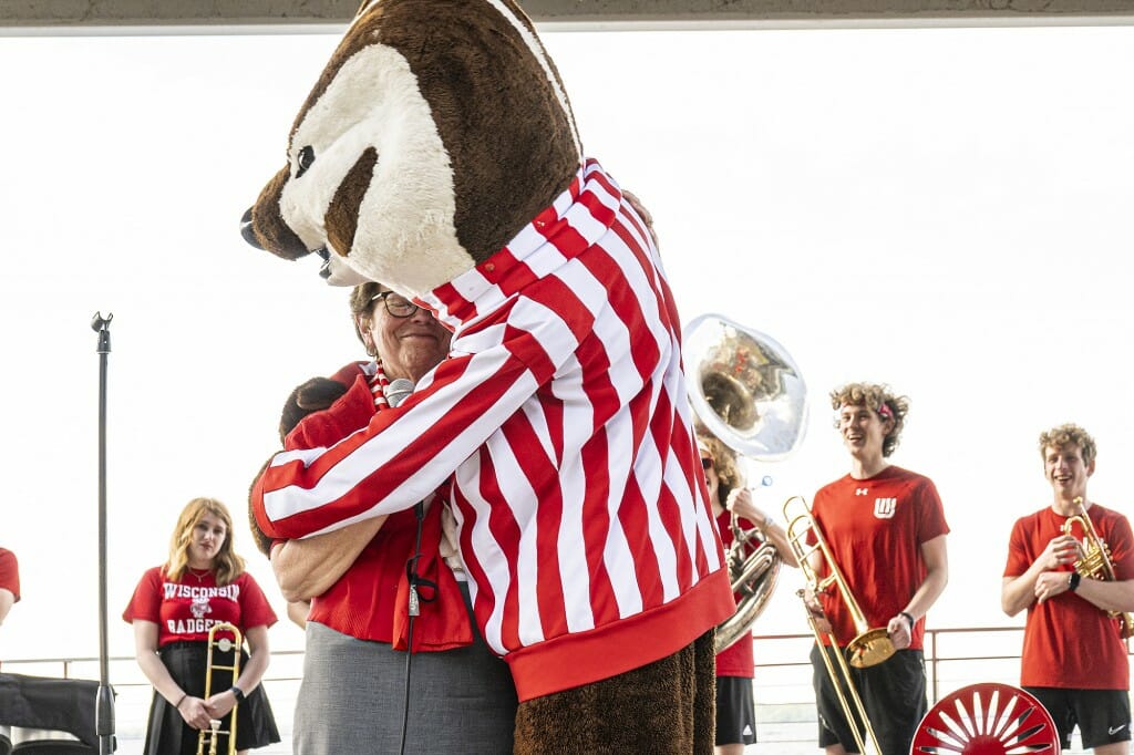 Becky and Bucky hugging.