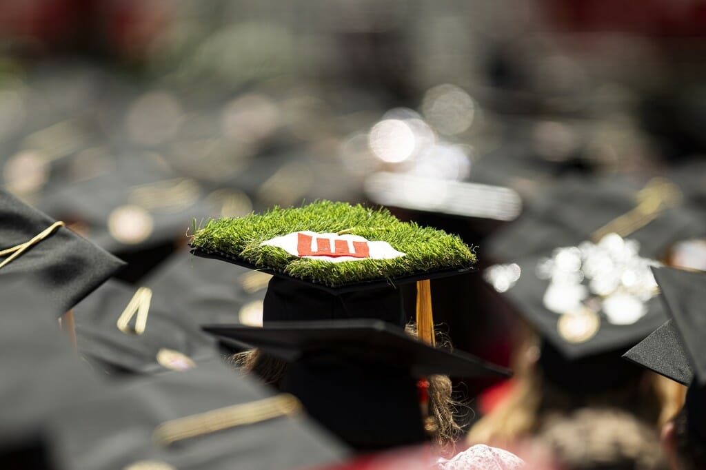 A person, seen from behind, wearing a mortarboard covered with grass