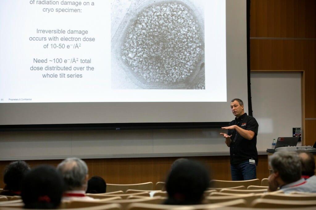 Industry and campus partnerships are critical to the centers' construction and operation. Zoltan Metlagel, a senior applications engineer at ThermoFisher Scientific, shared his knowledge about tomographic imaging alongside Parrell during one of five interactive workshops held during the open house. 