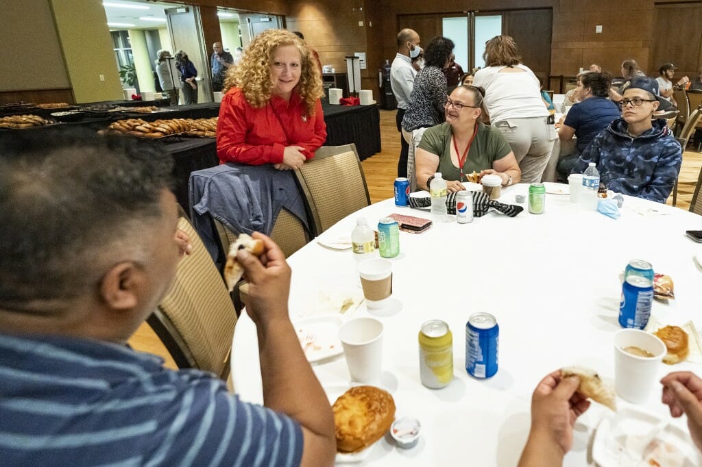 The event in Union South's Varsity Hall drew plenty of late-shift employees eager to meet  Chancellor Mnookin.